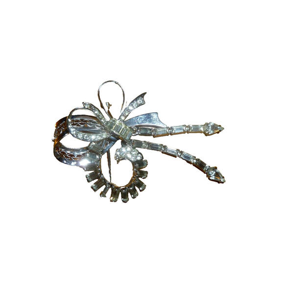 Vintage Sterling Clear Rhinestone Bow Dangle Brooch Pin Silver Tone - Picture 6 of 8